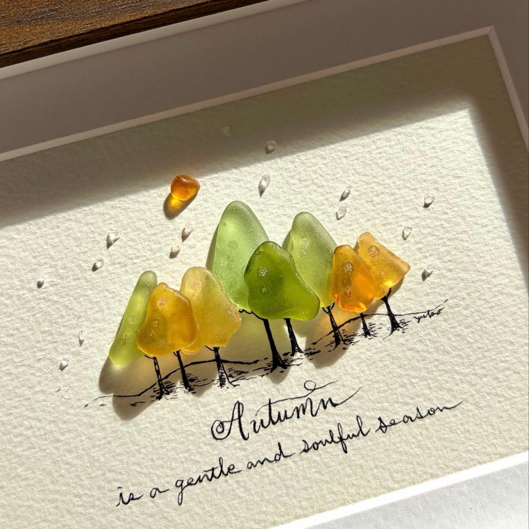 Autumn Forest 秋の森 シーグラス／天然石／フレーム／アート