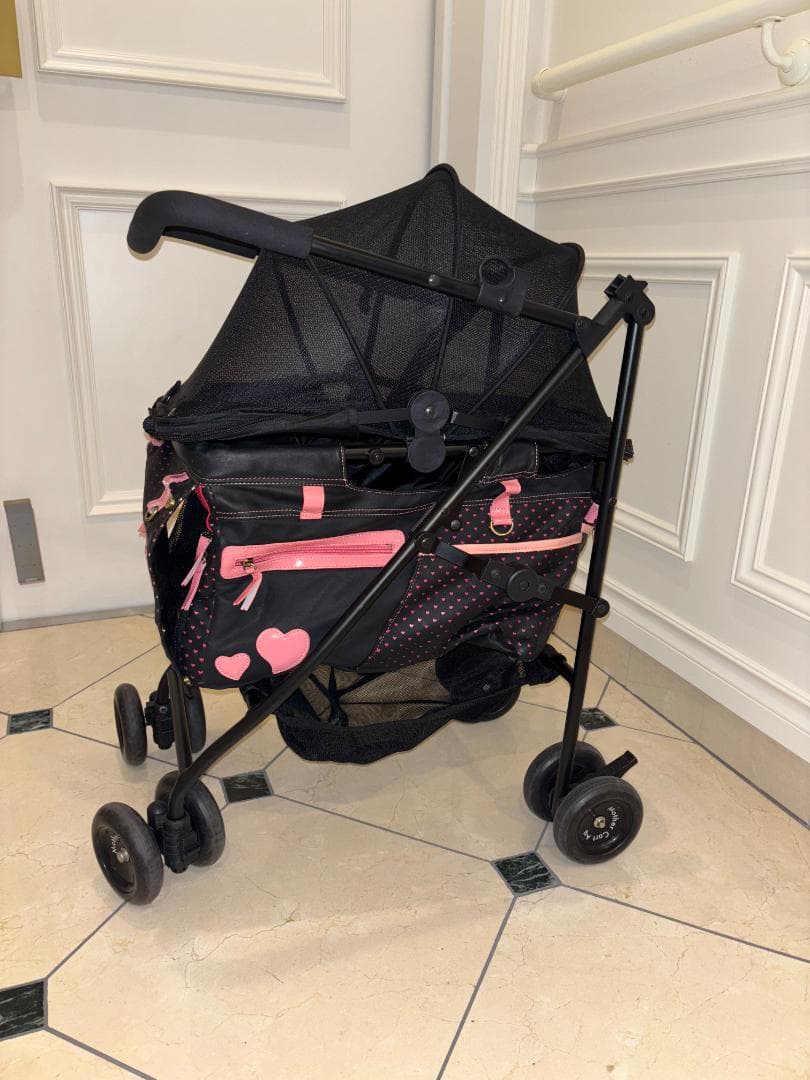 ペットカート ブラック ピンク ハート柄