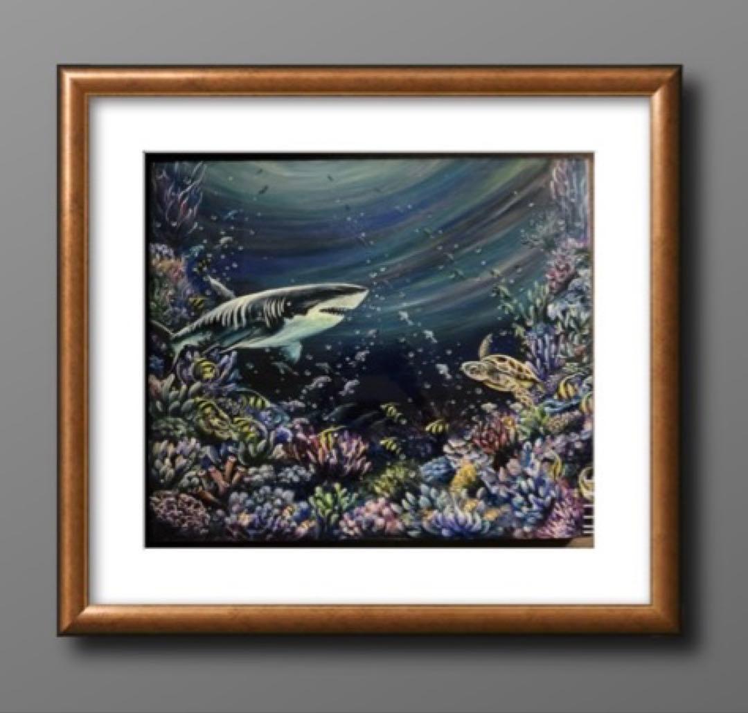 おっちページです　海　ホオジロザメ　珊瑚　レジンアート　原画　絵画