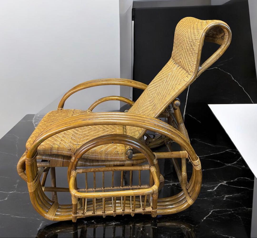 安心のたのメル便★ラタンのリクライニングチェア　オットマン、マガジンラック付き