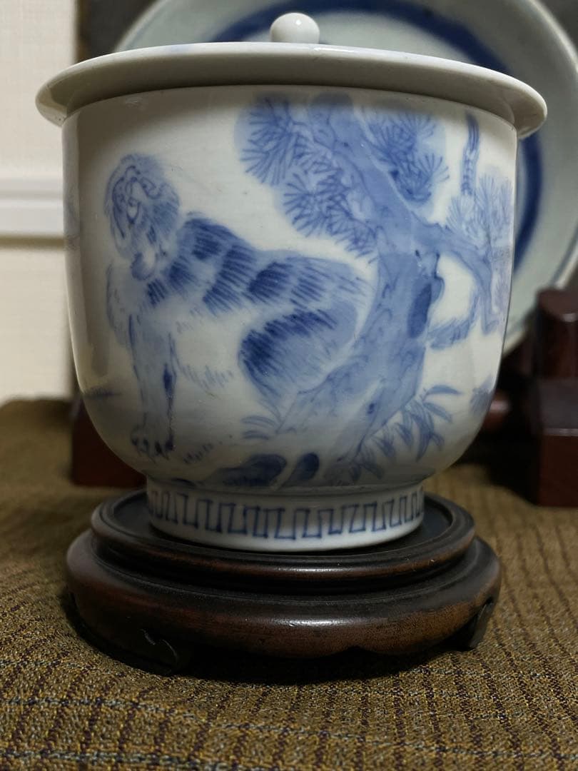 古平戸焼 染付 松竹に龍虎の図 蓋付湯呑 み茶碗 茶道具 江戸時代