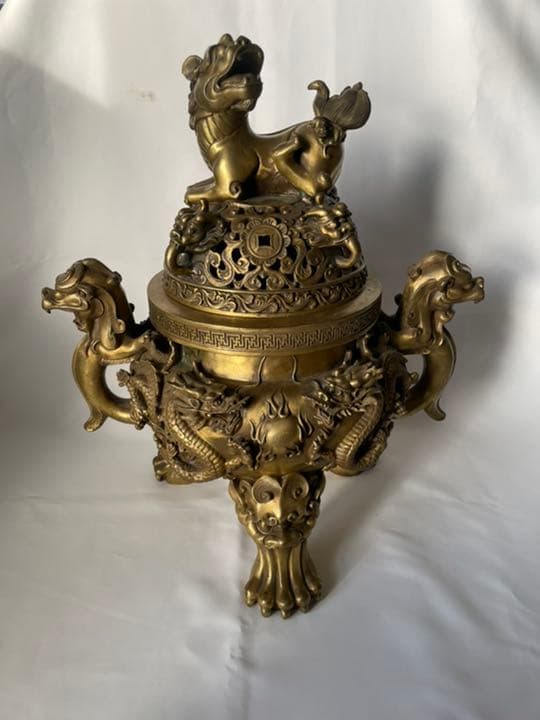 真鍮製 超特大 香炉 高級黄銅製香炉 銘有り 獅子 龍 縁起物 14.70Kg