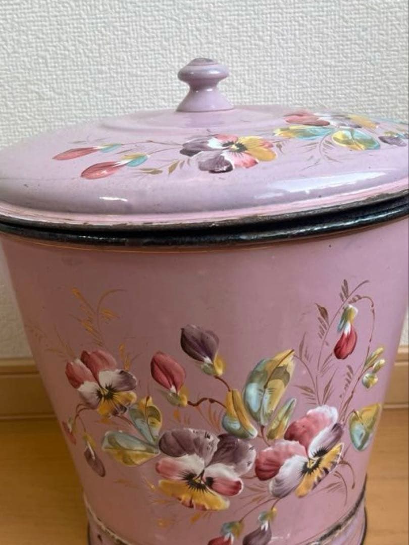 希少♡フランスアンティーク　ピンク　手描き　ホーロー　バケツ　ハンドペイント