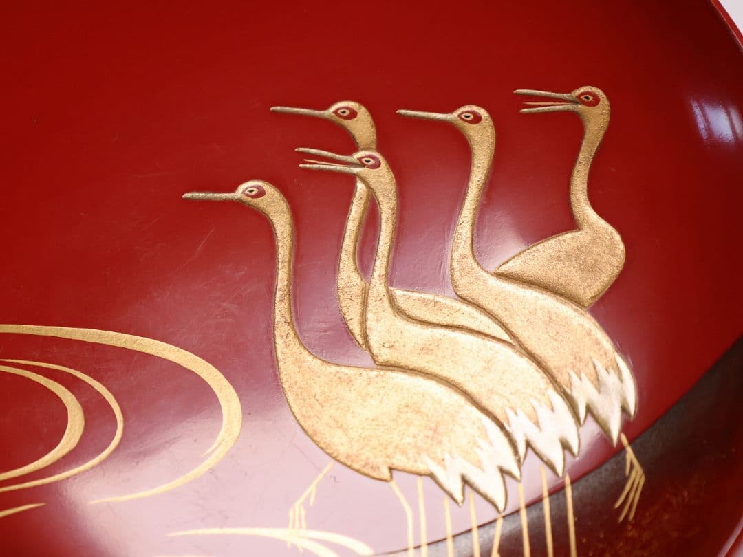 【CM374】時代木製漆器 光琳写 金蒔絵 群鶴図 朱塗 引盃 五客 小皿 杯