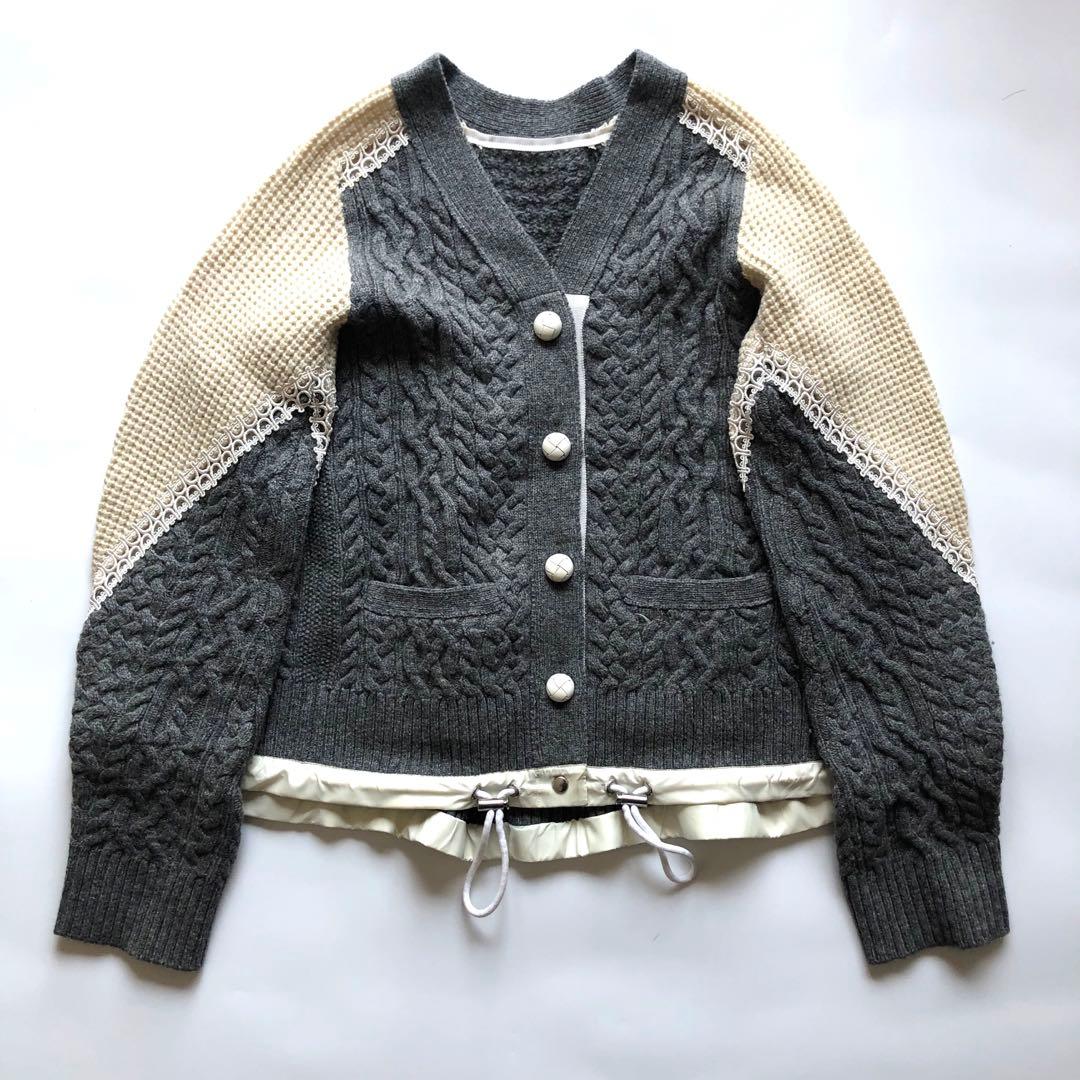 ★サイズ1★サカイ ドッキングウールカーディガン ケーブルニット S 異素材