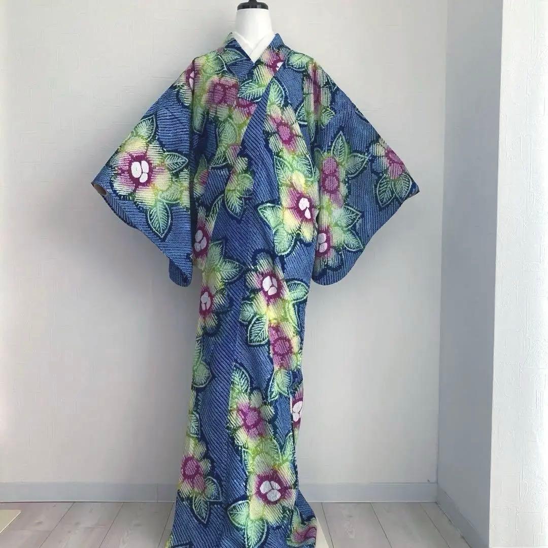 有松鳴海絞り　浴衣　絞り浴衣　手縫い　上質　大輪花模様　有松絞り　No.2-11