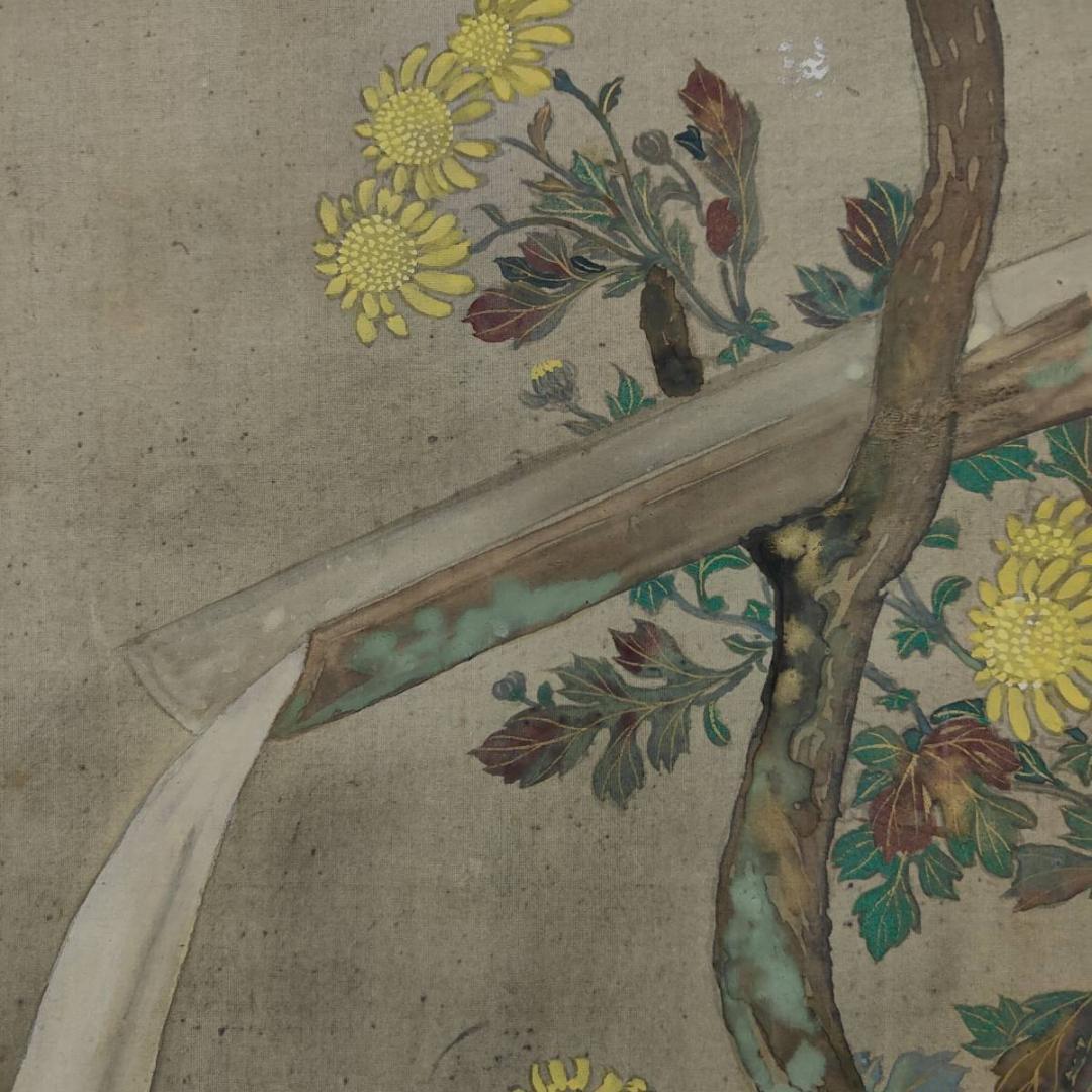 不詳/琴泉/菊に鴬図/小禽図/花鳥/布袋屋掛軸A-440