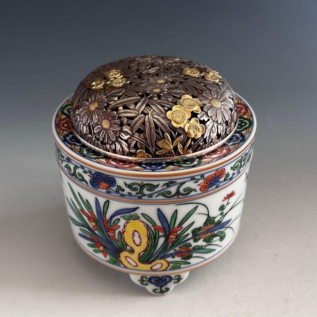 工芸品　赤絵　四君子図　香炉　五代　三浦竹泉　二重箱　信幸造純銀火舎　付　京焼
