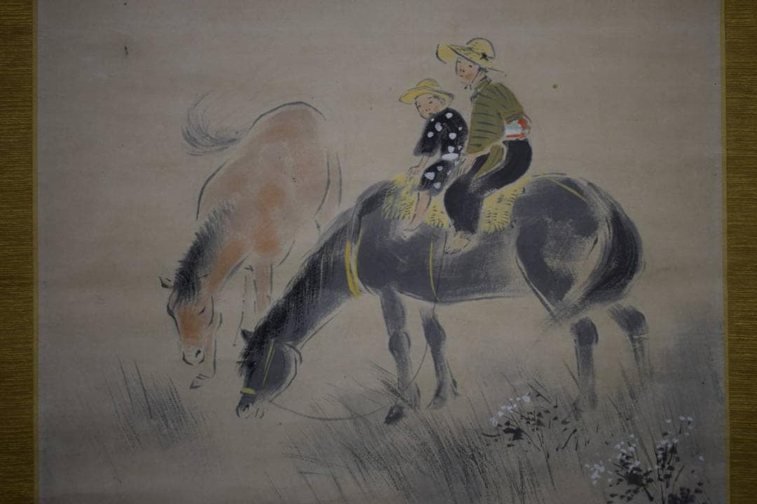 真作/（画）中村静思/（賛）中村不折/人物馬乗画賛/布袋屋掛軸HI-4