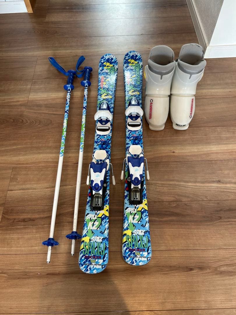 ジュニアスキー 4点セットKAZAMA 板96cm／靴17cm／ストック80cm