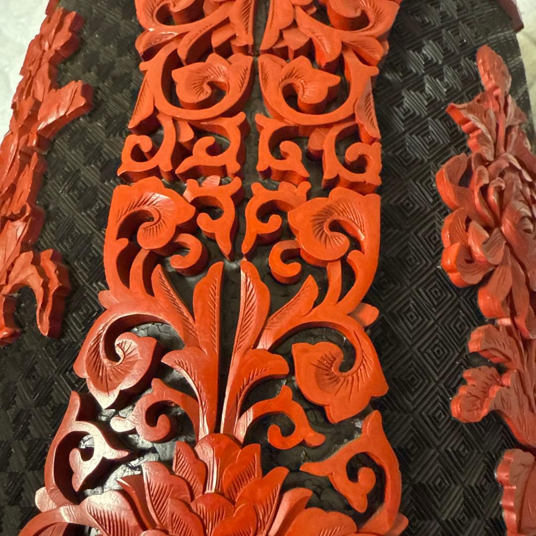 中国美術 大花瓶 堆朱 堆黑 花鳥 唐木台 紫檀 花梨 一輪挿し美品