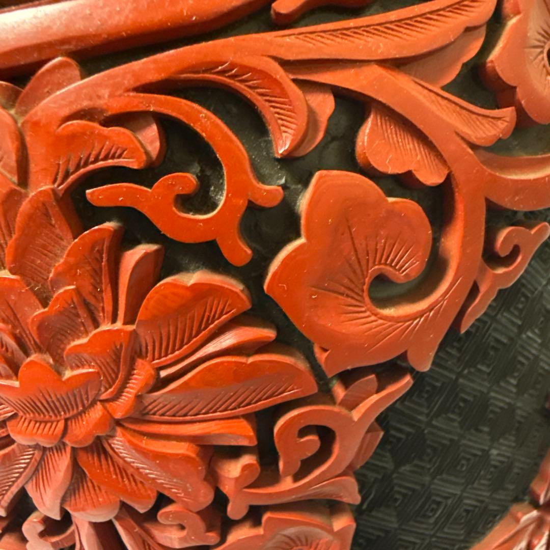 中国美術 大花瓶 堆朱 堆黑 花鳥 唐木台 紫檀 花梨 一輪挿し美品