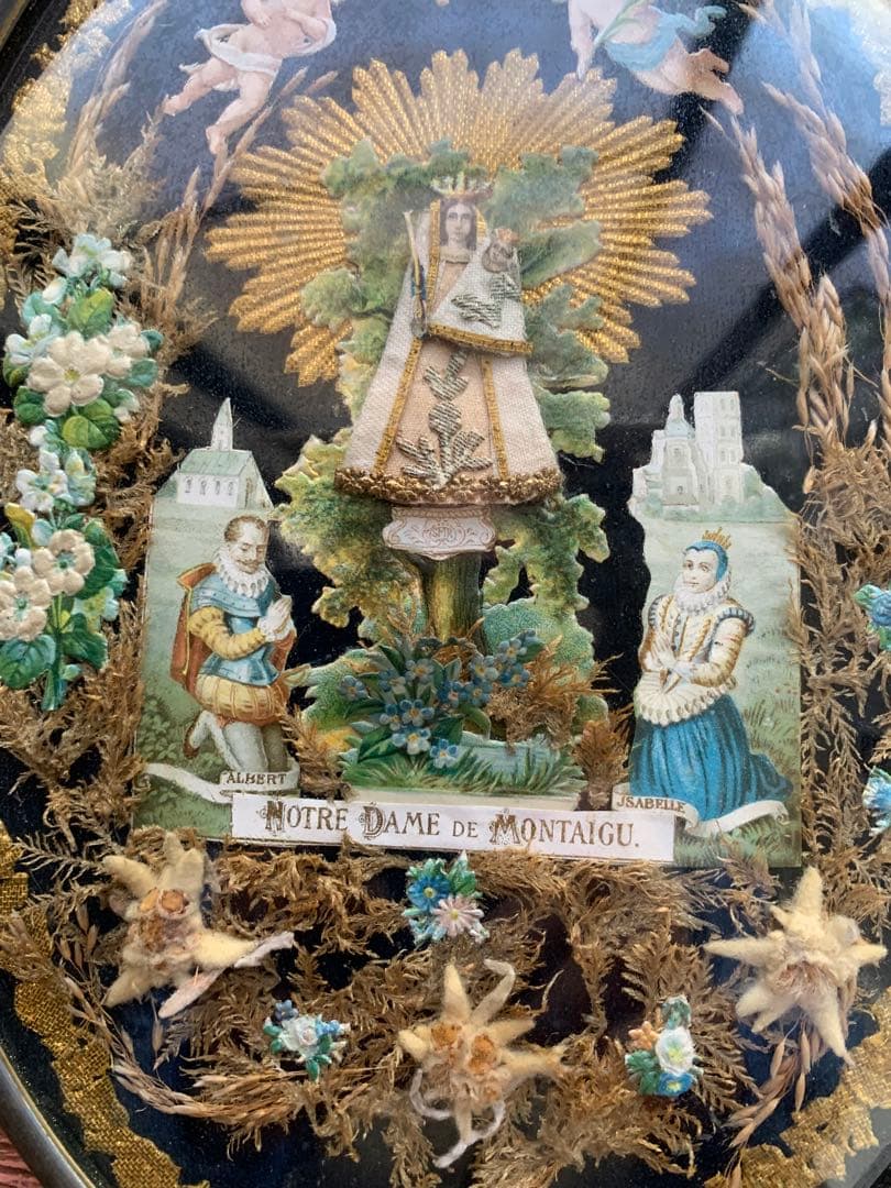 フランスアンティーク　19世紀ベルギーガラス額に美しくデコパージュされたマリア様