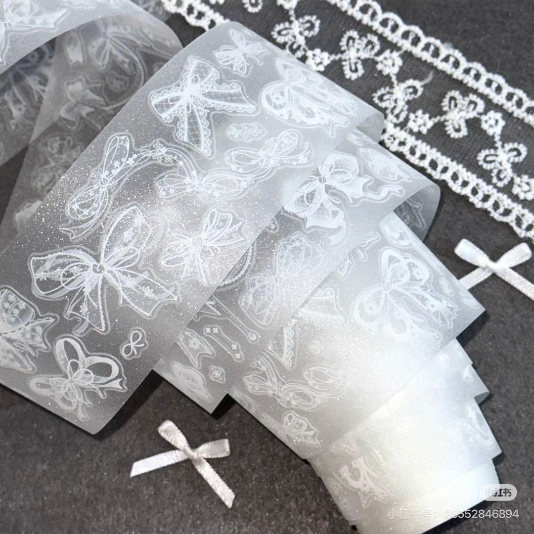 【9085】海外　マステ　5m巻　ラメ加工カッティング　レース　白リボン　装飾系