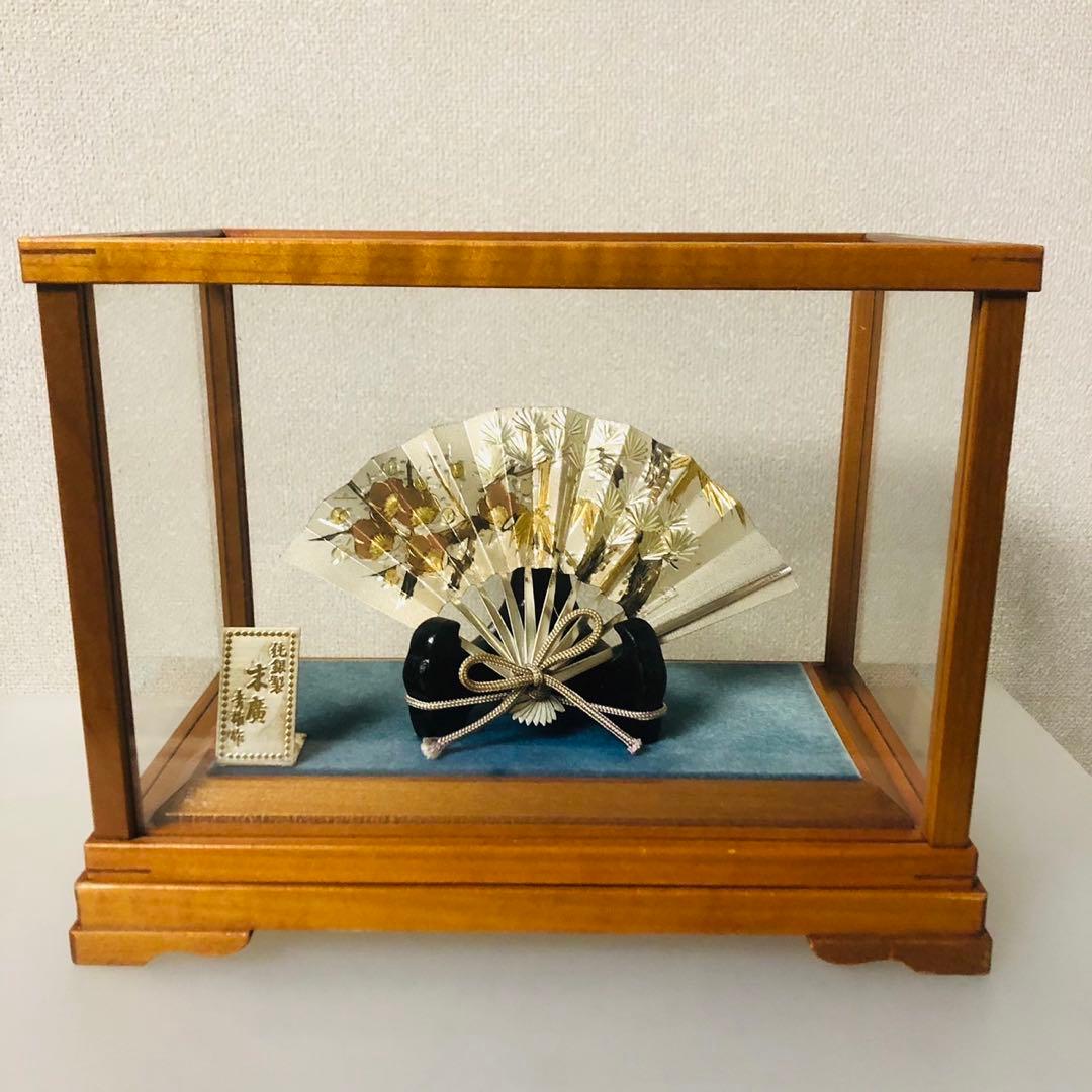 E26骨董品✨ 武比古作 純銀製 扇飾り 木製ガラスケース 置物 縁起物