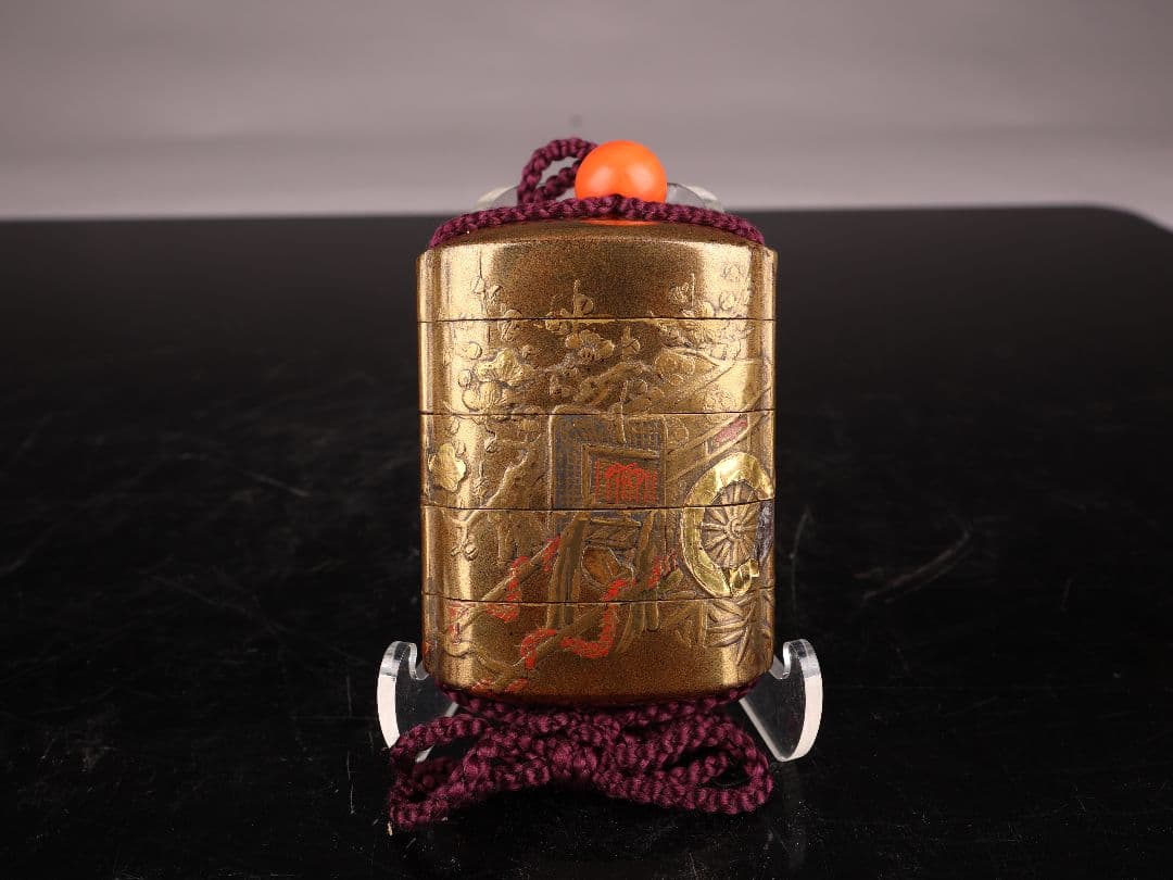 K1059 蒔絵印籠 御所車 菊草文 金象嵌 五段 傷有【＾＝