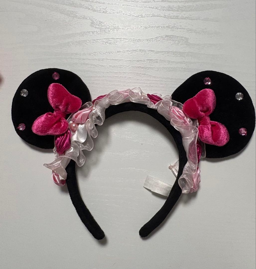 ミニー耳カチューシャ ピンク薔薇フリル付き