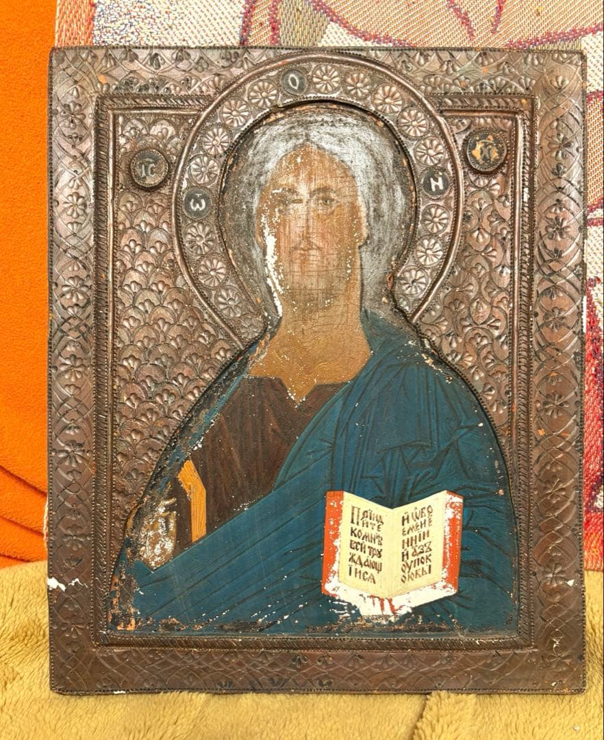 アンティーク宗教画　イコン　全能者ハリストス　パントクラトール　骨董品