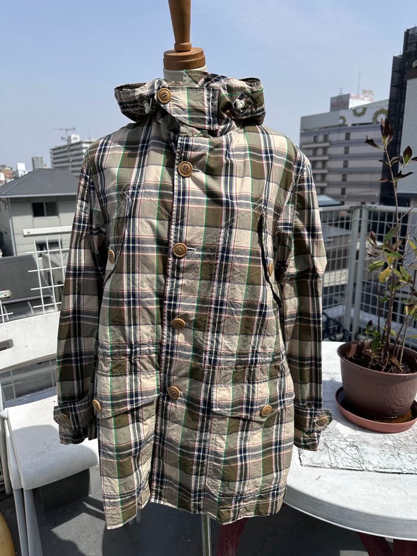 ジュンヤワタナベ　チェック柄フード付きモッズコート