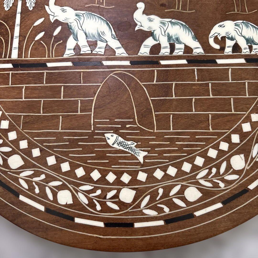 木製テーブル　3本足　猫足　ゾウ柄　タージマハール