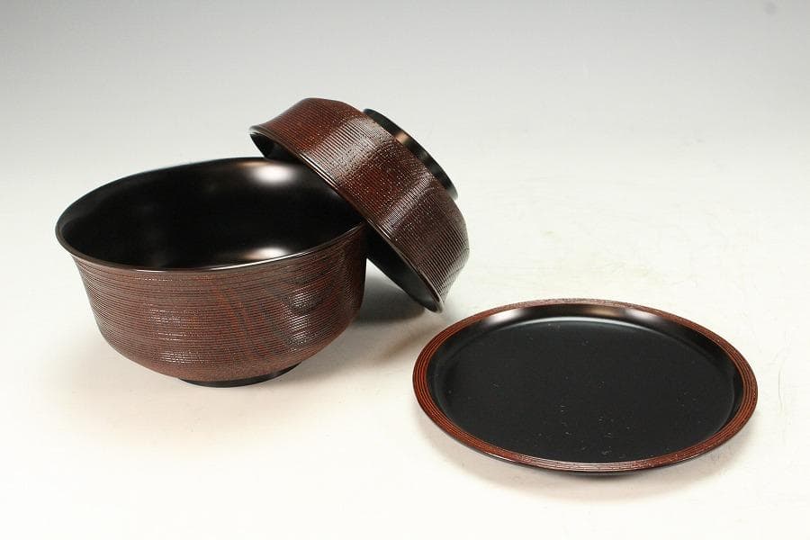 石州好 独楽塗 蕎麦椀 九客 受皿 九客 平安象彦製 共箱(K-A750)