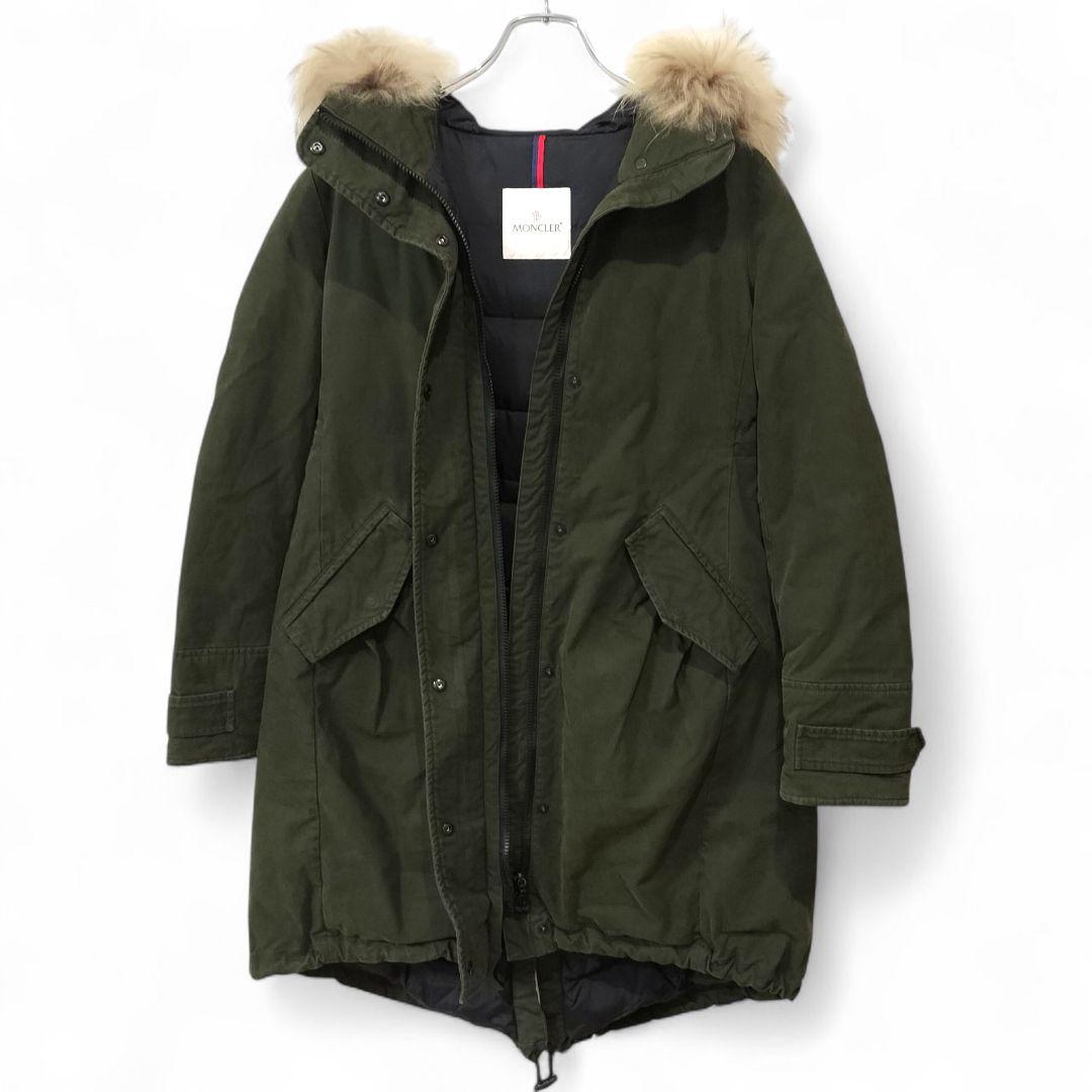 モンクレール ダウンジャケット カーキ 美品 フード付 モッズコート1