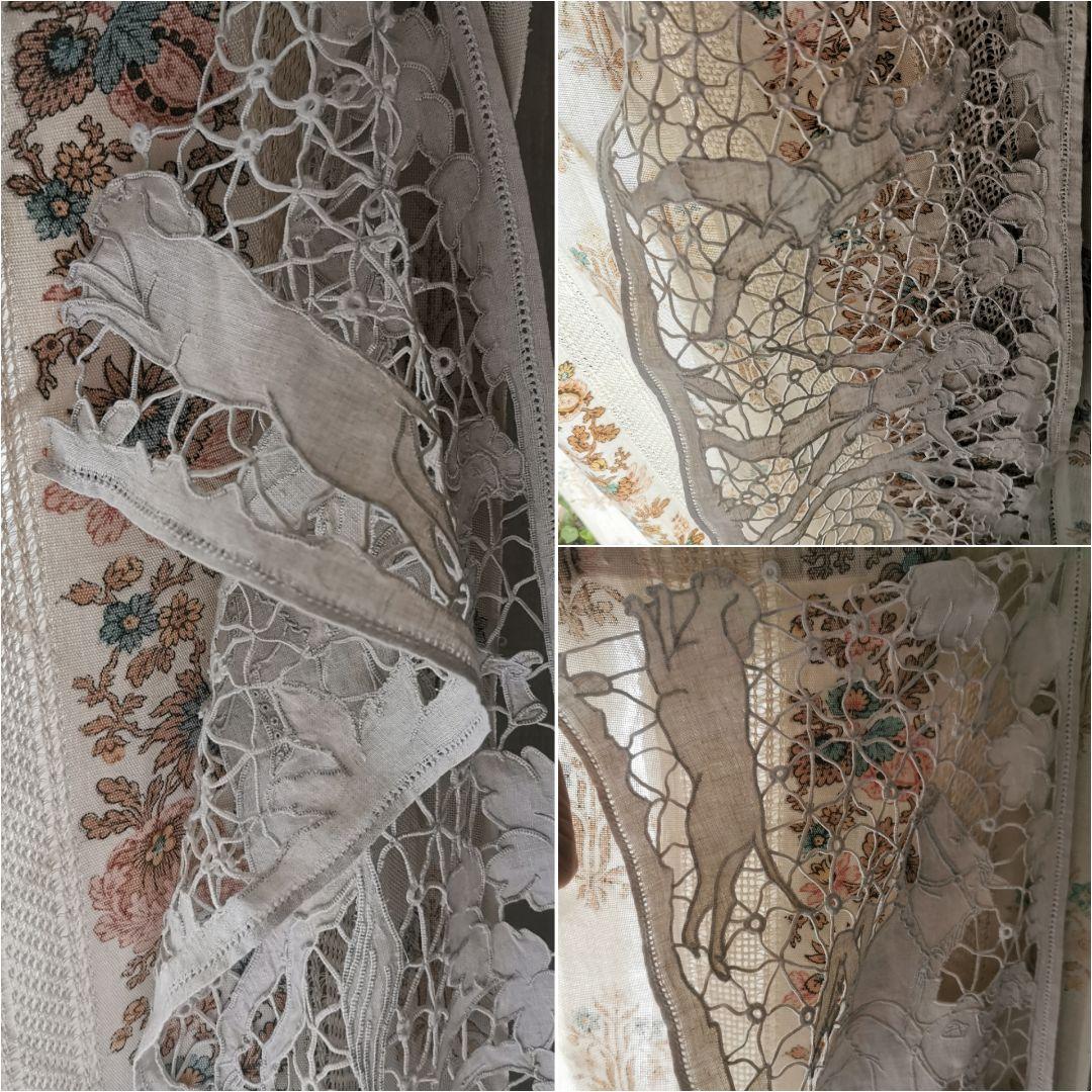 アンティーク フランス 狩猟の光景 鹿・騎馬者・犬 カットワーク リネンクロス