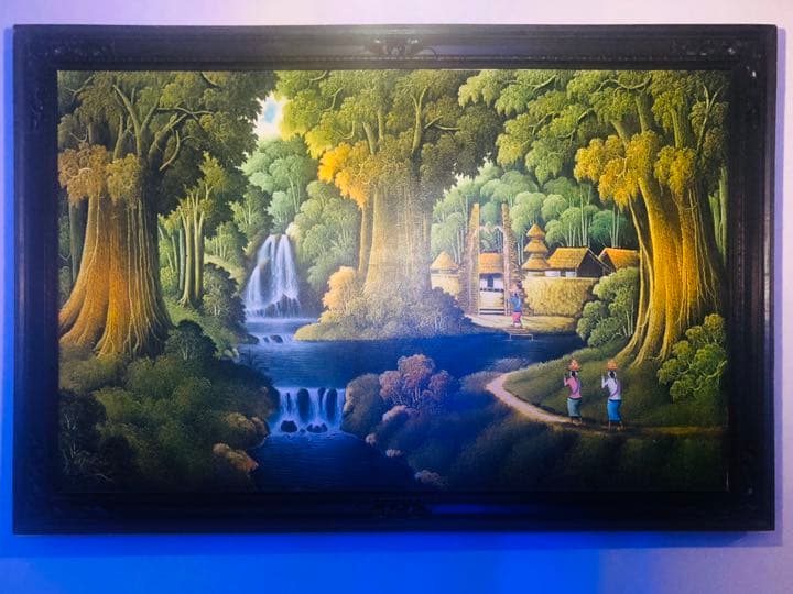 バリ絵画 特大 99.5cm × 150cm 村 人 森 暮らし people