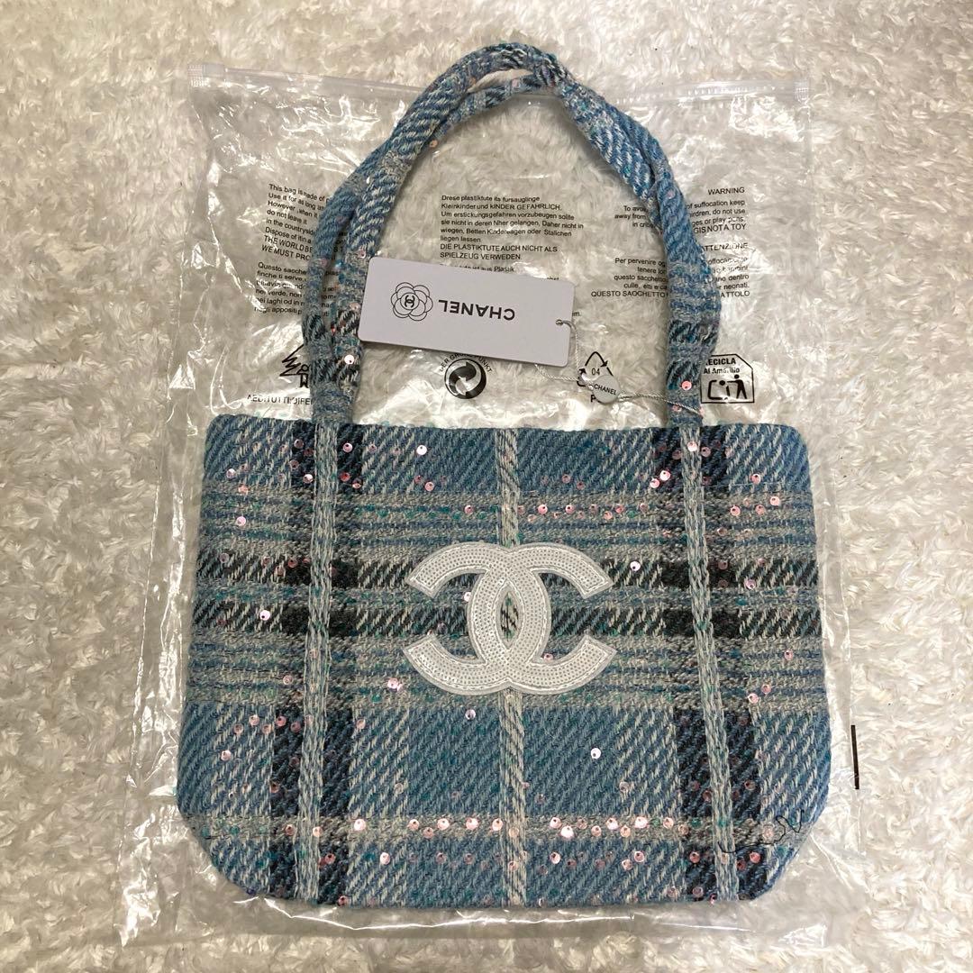 CHANEL ツイードトートバッグ　スパンコール　水色