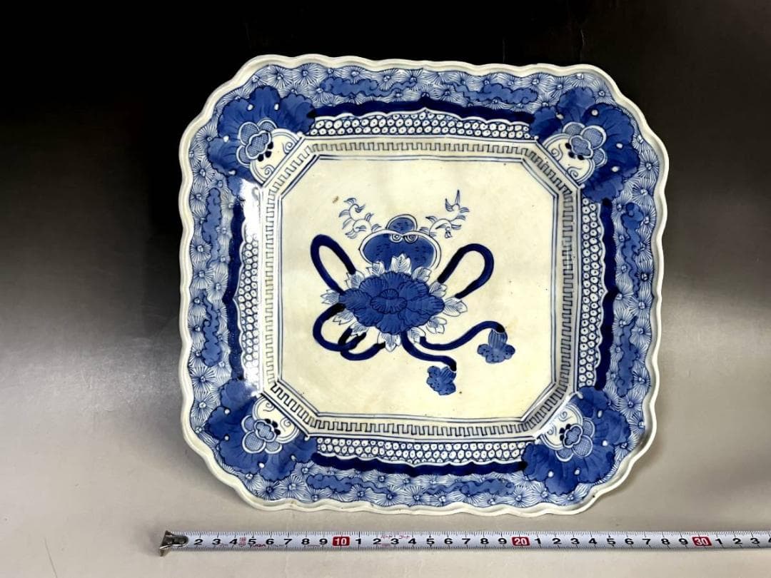 大皿■江戸中期 染付花唐草 牡丹 菊紋 凱 飾り皿 青華 古美術 時代物 骨董■