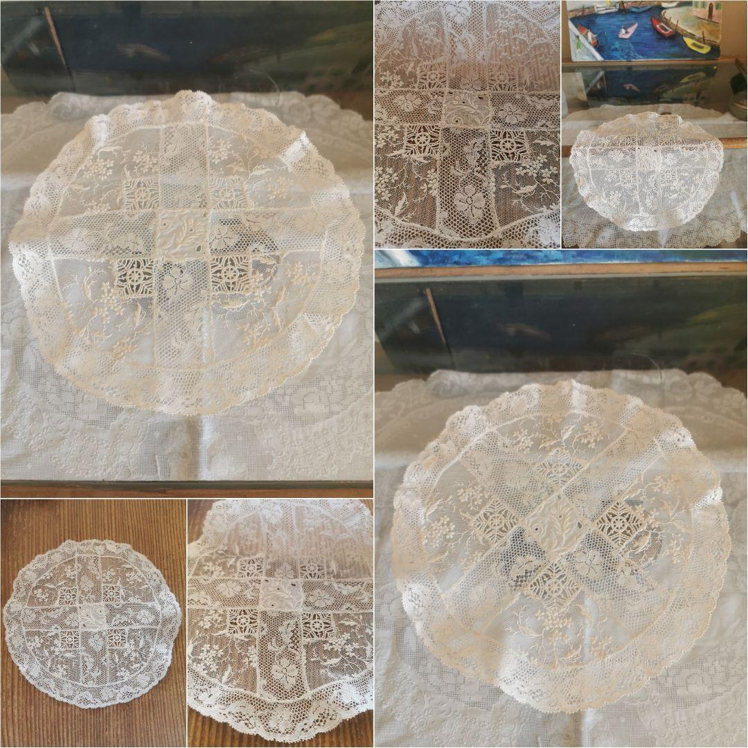 アンティーク ノルマンディーレースドイリー 十字架モチーフ パッチワーク 花刺繍