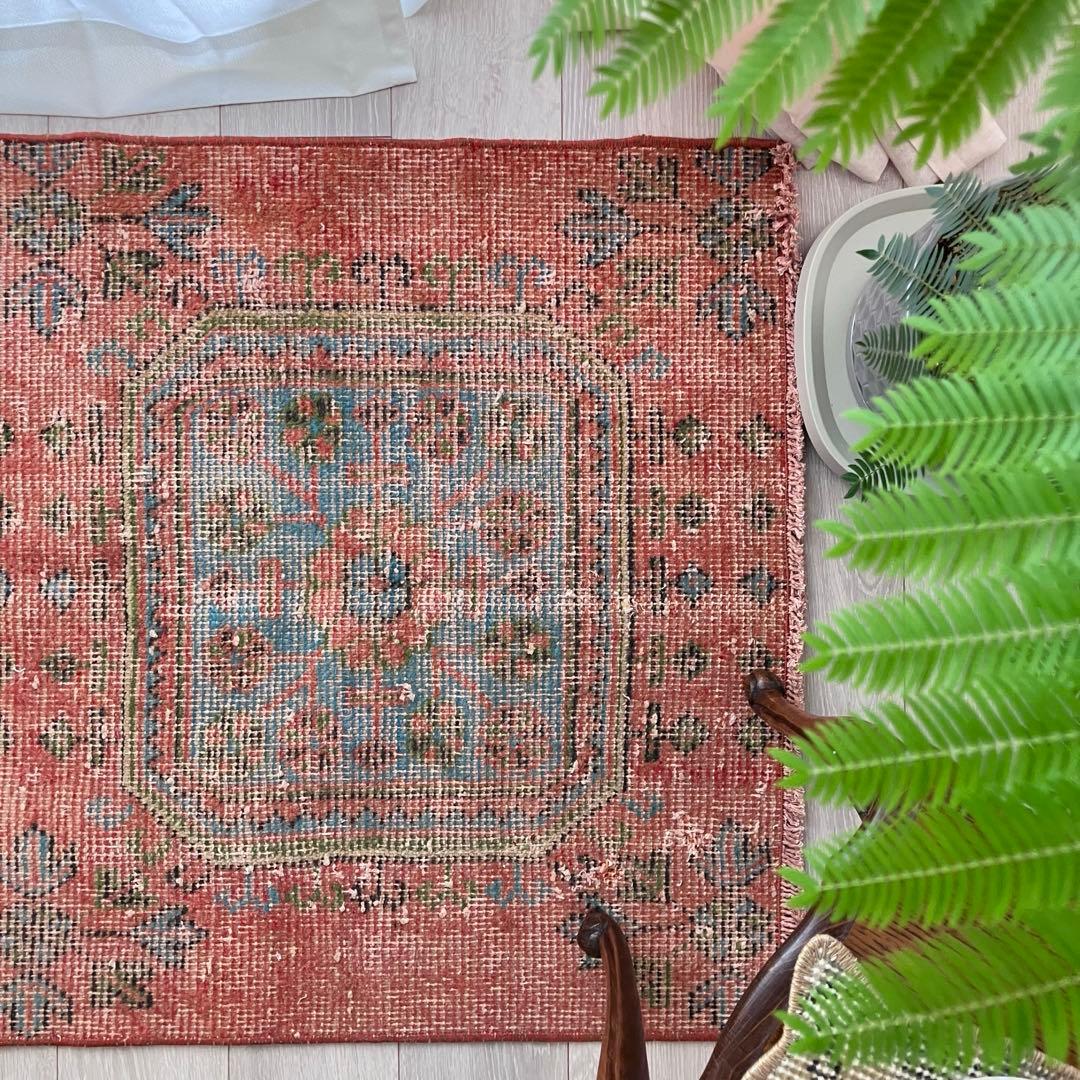 シャビーオレンジ78×190/ 3Box ブルーグリーン　トルコヴィンテージラグ