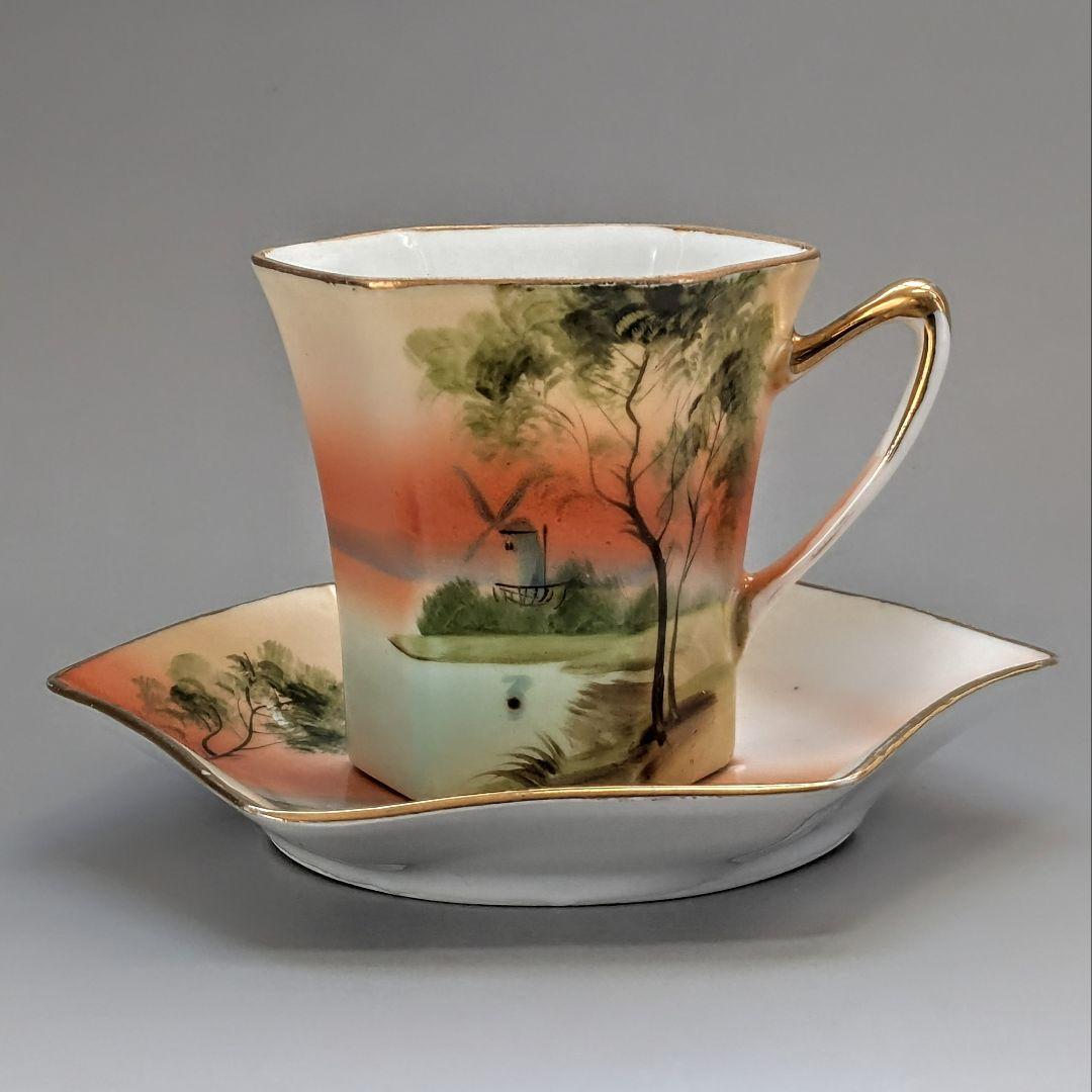 オールドノリタケ 金彩湖畔風景図　六角形ヘキサゴン　キャビネットカップ＆ソーサー