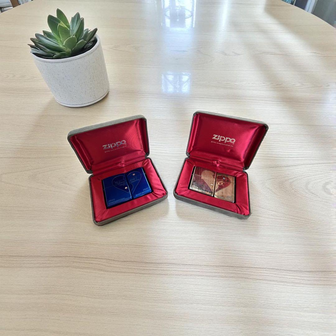 【ねコネコ】ZIPPO ライター ペアハート ブルー シルバー ケース付