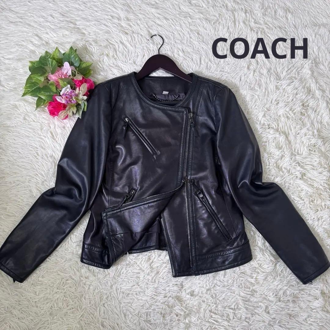 【希少】COACH ノーカラージャケット ラムレザー ライダース 黒 コーチ