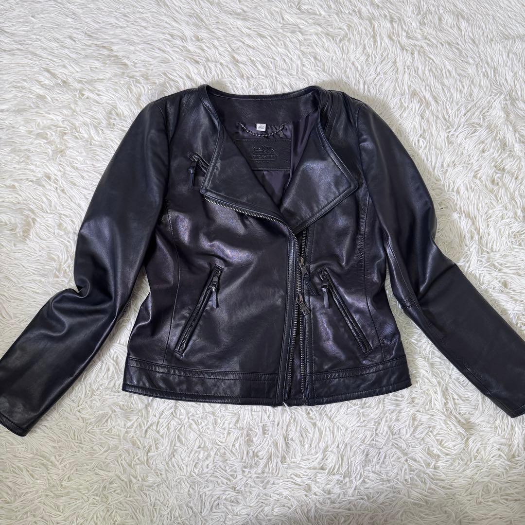 【希少】COACH ノーカラージャケット ラムレザー ライダース 黒 コーチ