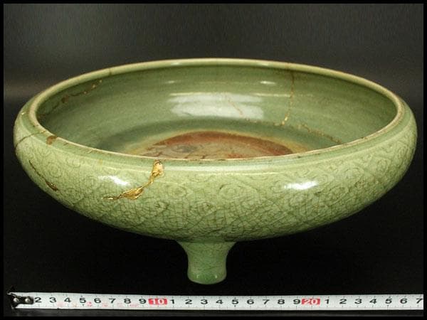 中国美術 七官青磁 三足 水盤 瓶掛 時代物(A880)