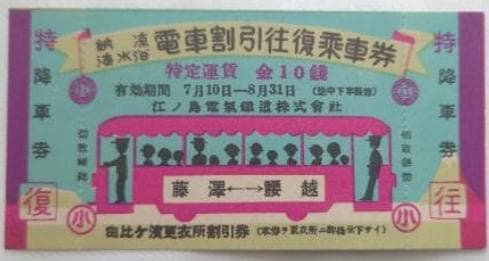 （江ノ電）江ノ島電氣鐡道　納涼・海水浴電車割引往復乗車券　特定運賃　10銭