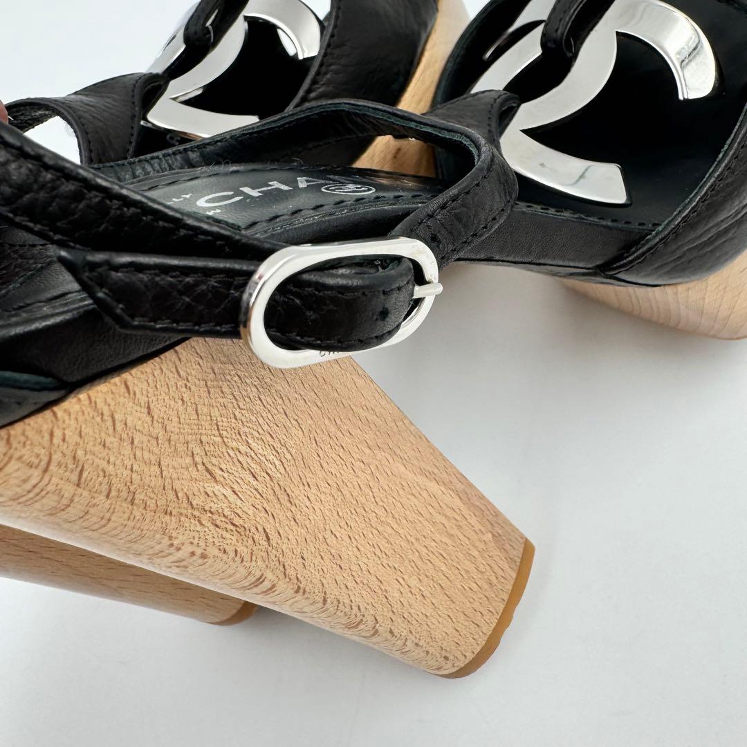 CHANEL サンダル　ココマーク　ブラック　レザー　ウッド　サイズ34 1/2