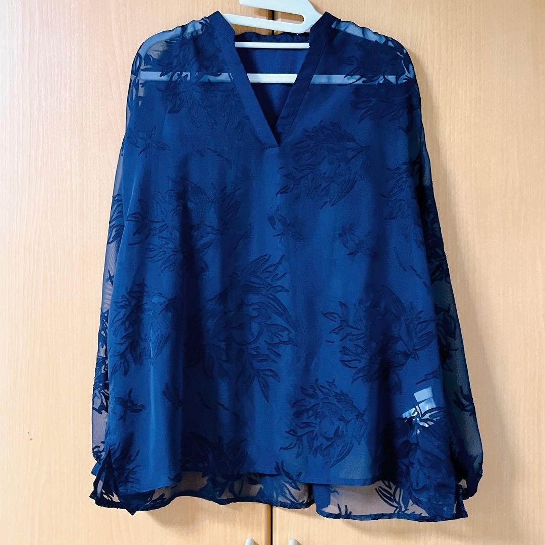 スキッパーネックオパールブラウス ネイビー アニュアンス