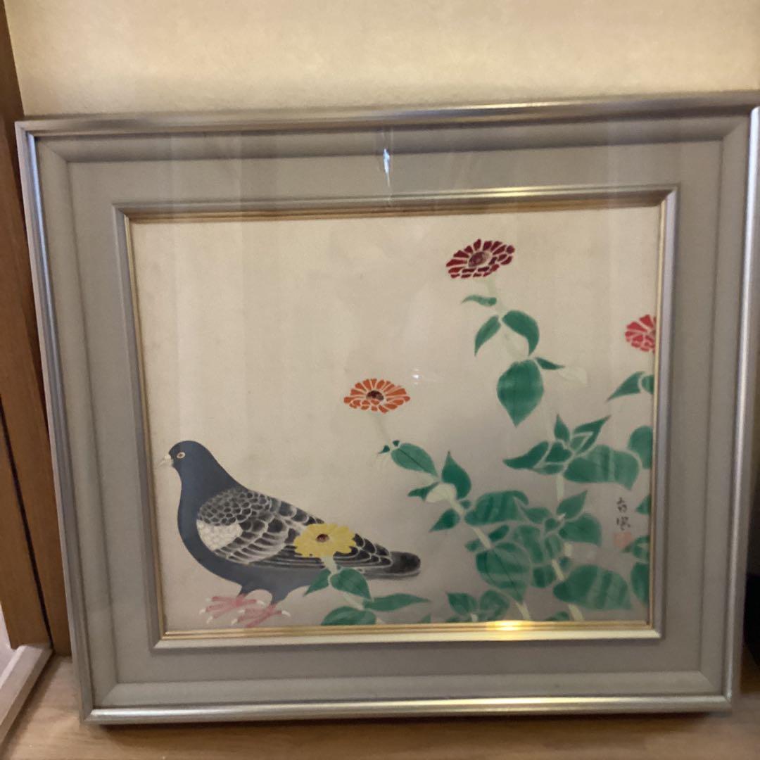 堅山南風　紙本彩色画花鳥図　【灰胡麻鳩之図】額装　共シール　鑑定シール在　478