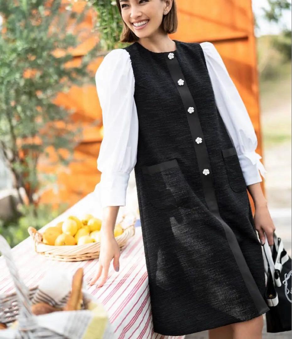 美品 23春エムズグレイシー フラワーボタンツイードワンピースジャンパースカート