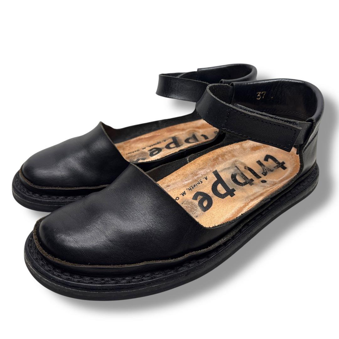 美品■trippen 【23.5】FRINGE アンクルストラップ サンダル 黒