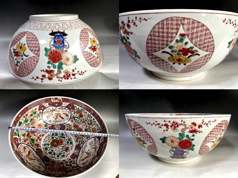 大鉢■みごとな赤絵金襴手大鉢 窓花鳥図 牡丹 松竹梅 菊 手描 江戸期 骨董品■