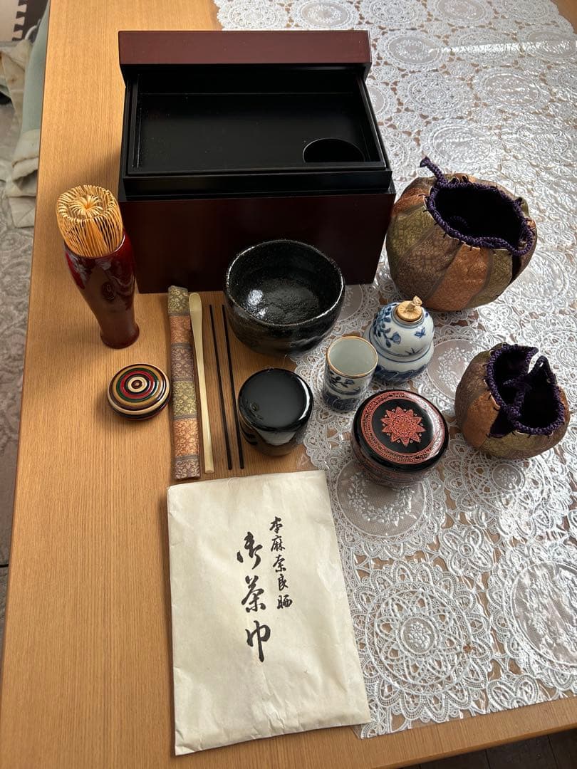 茶道具セット 一式 焦茶箱付き 木箱のサイズ 約高さ14㌢幅21㌢奥行き15㌢