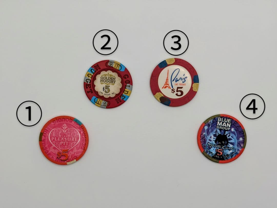 米国ラスベガス　カジノ　５ドルチップコレクション 4種【α】