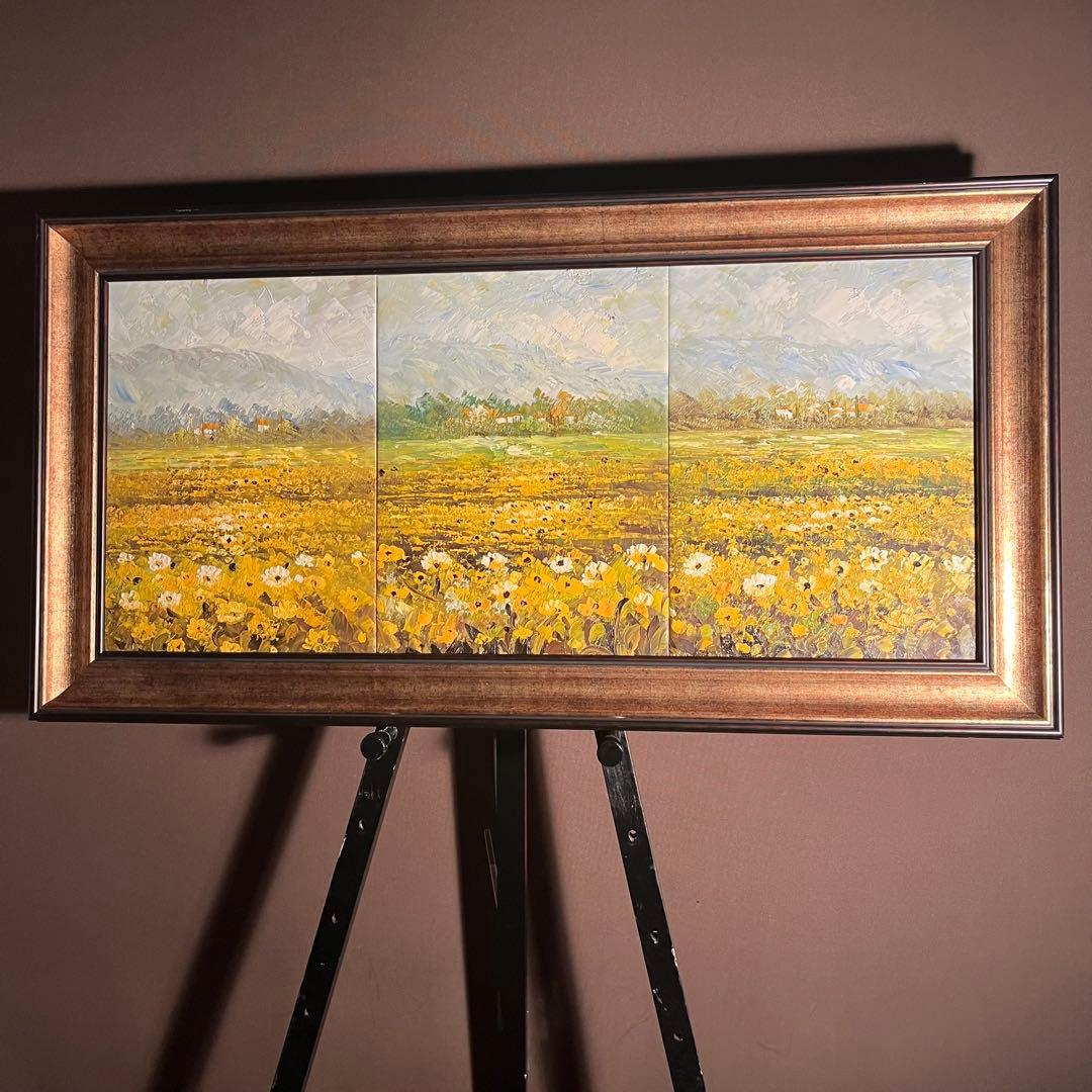 ★大型絵画★ 手書き油絵 ３枚組 朝日と山河 額付 額付き 絵画 油彩画