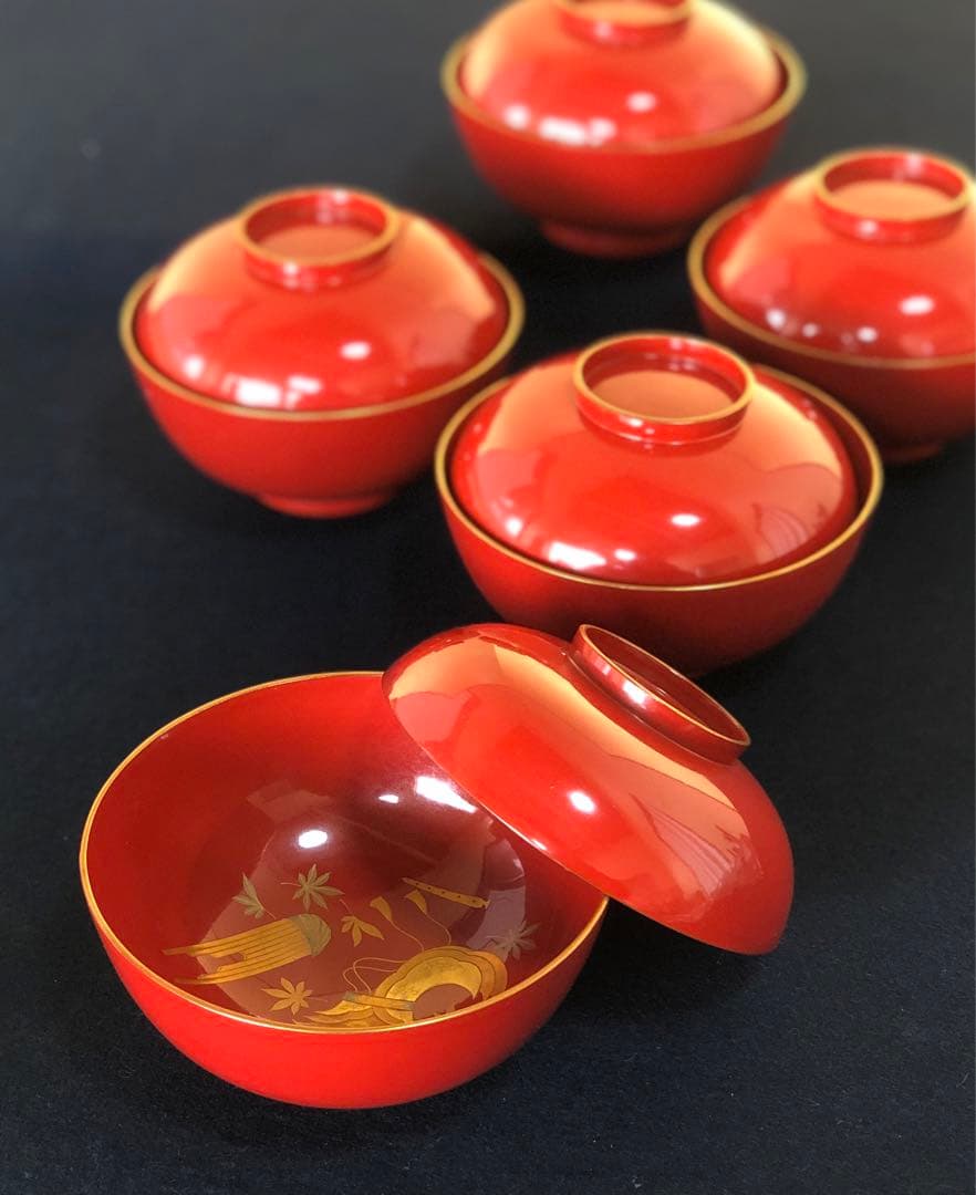 《R》朱塗 金蒔絵 烏帽子和楽器 吸物椀5客 木製漆器　251204お3