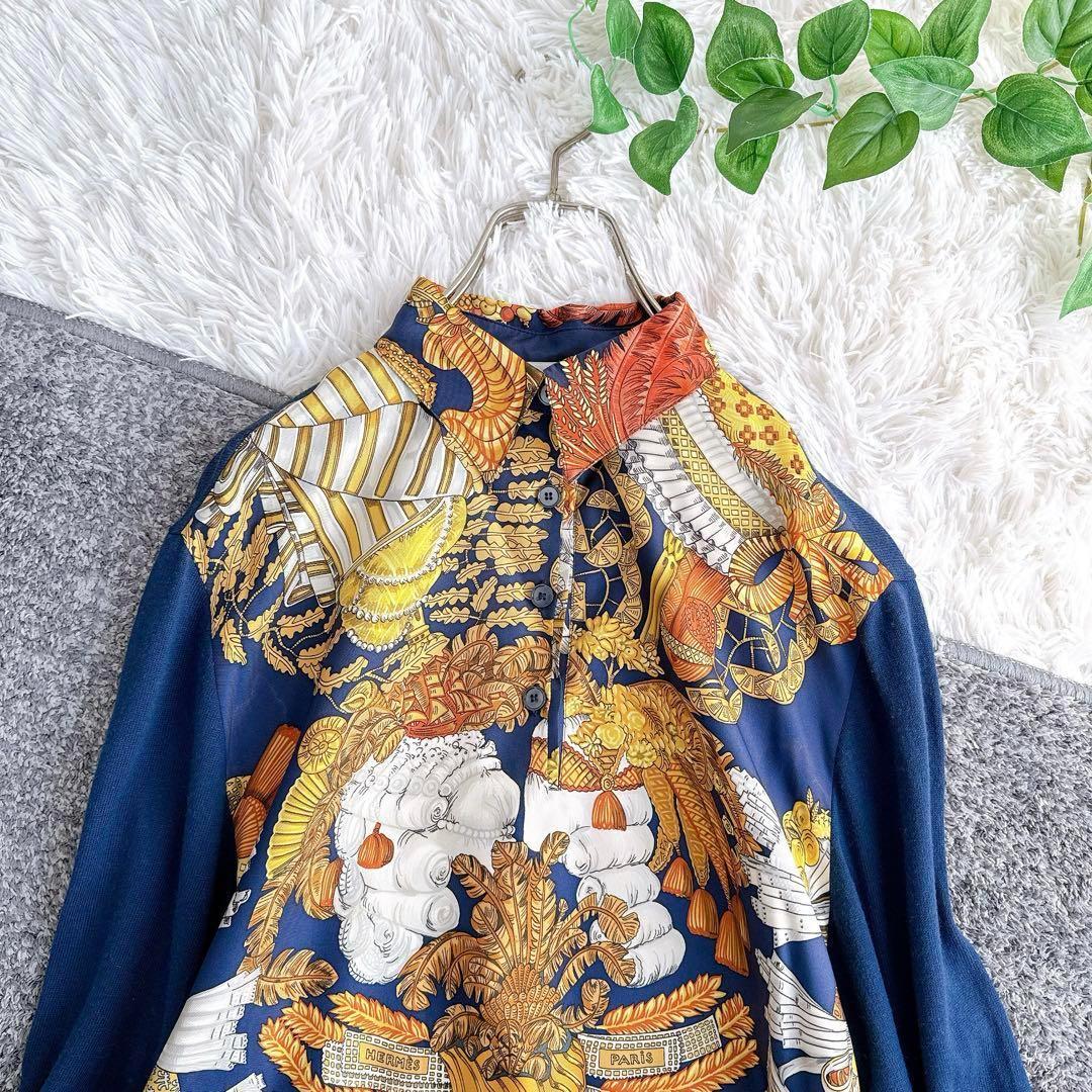 オールド エルメス ニット　切替　異素材　シャツ　ブラウス　シルク　カシミヤ　M