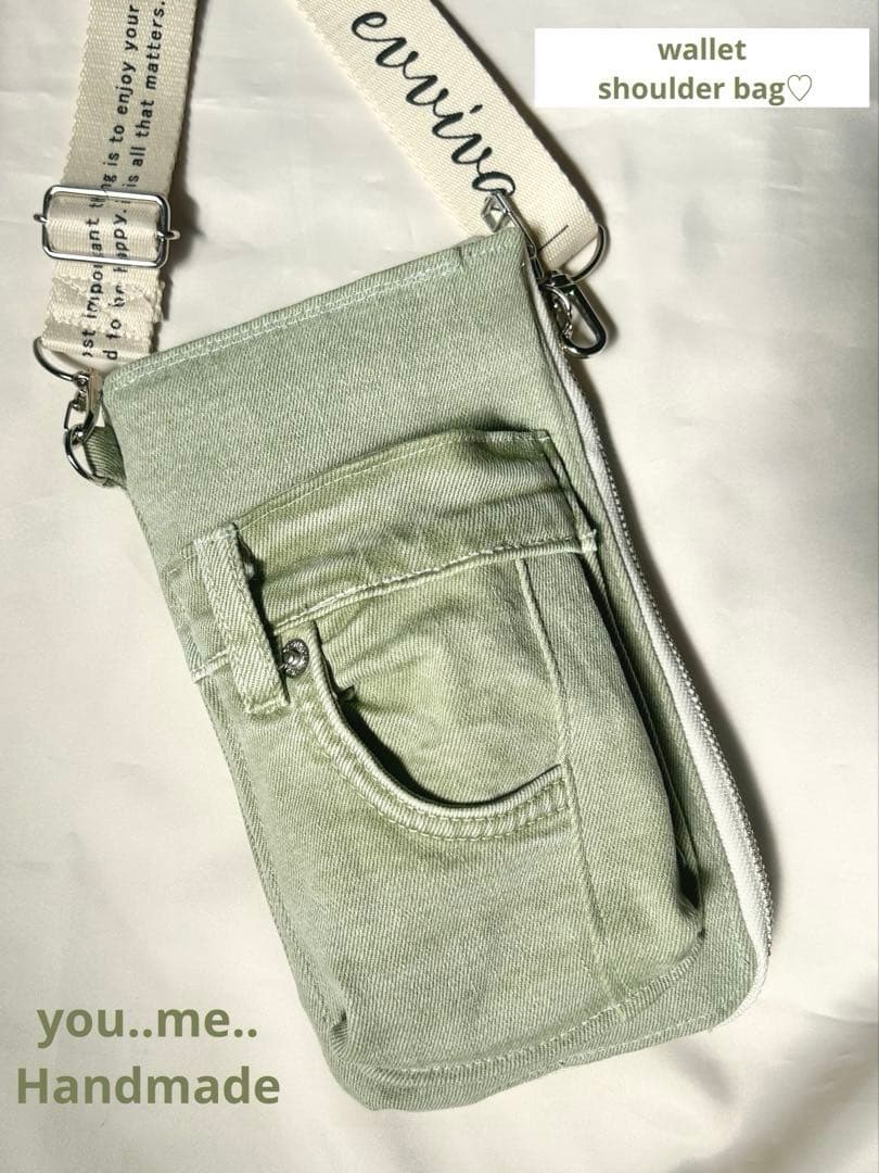 I*︎様 デニムリメイク　ウォレット　ショルダーバッグ　グリーン　スマホショルダ